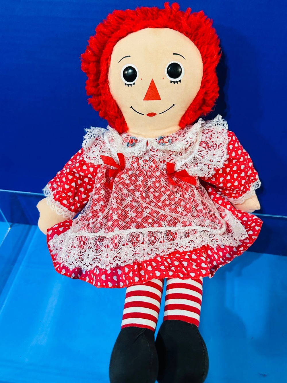 Raggedy Ann Vintage Rag Doll w/Lace Apron, Red/White Heart Dress Button Eyes 18”